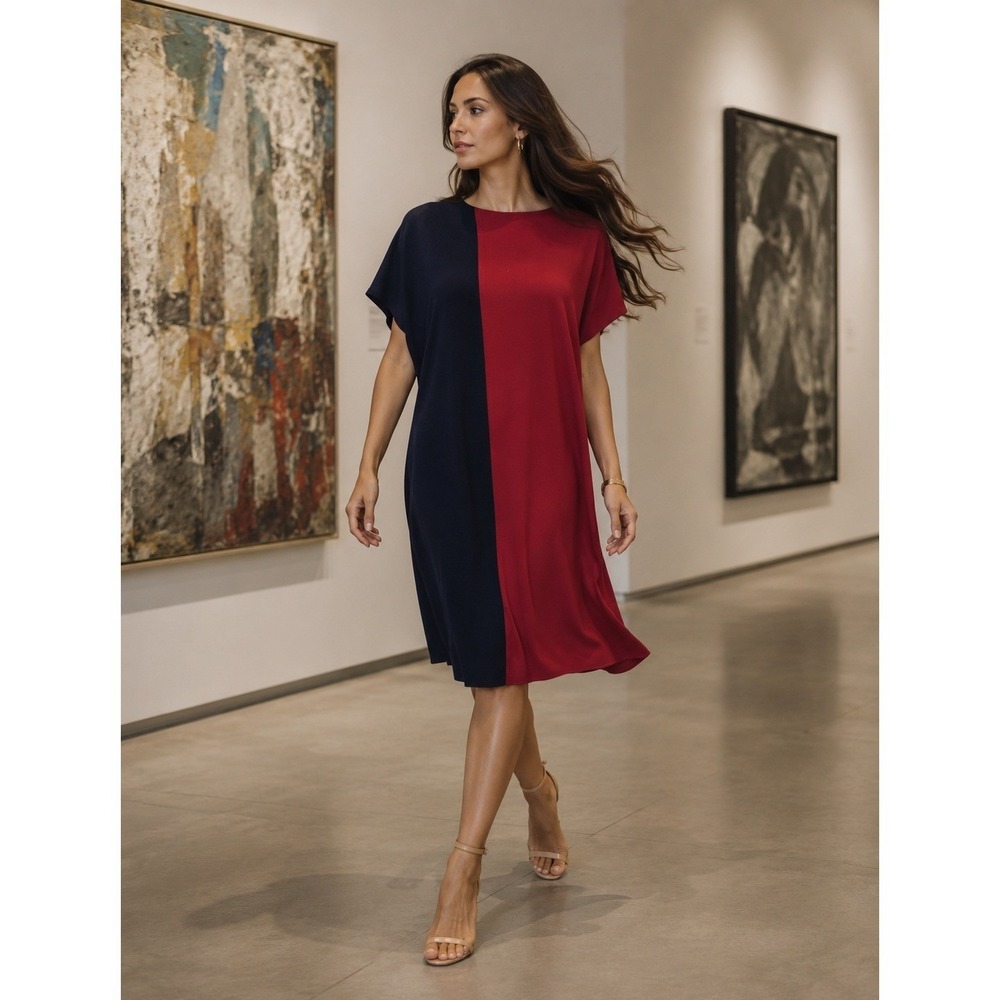 Misook Women‎ Colorblock Knit Sheath Dress Navy Red Short Sleeve Petite Large